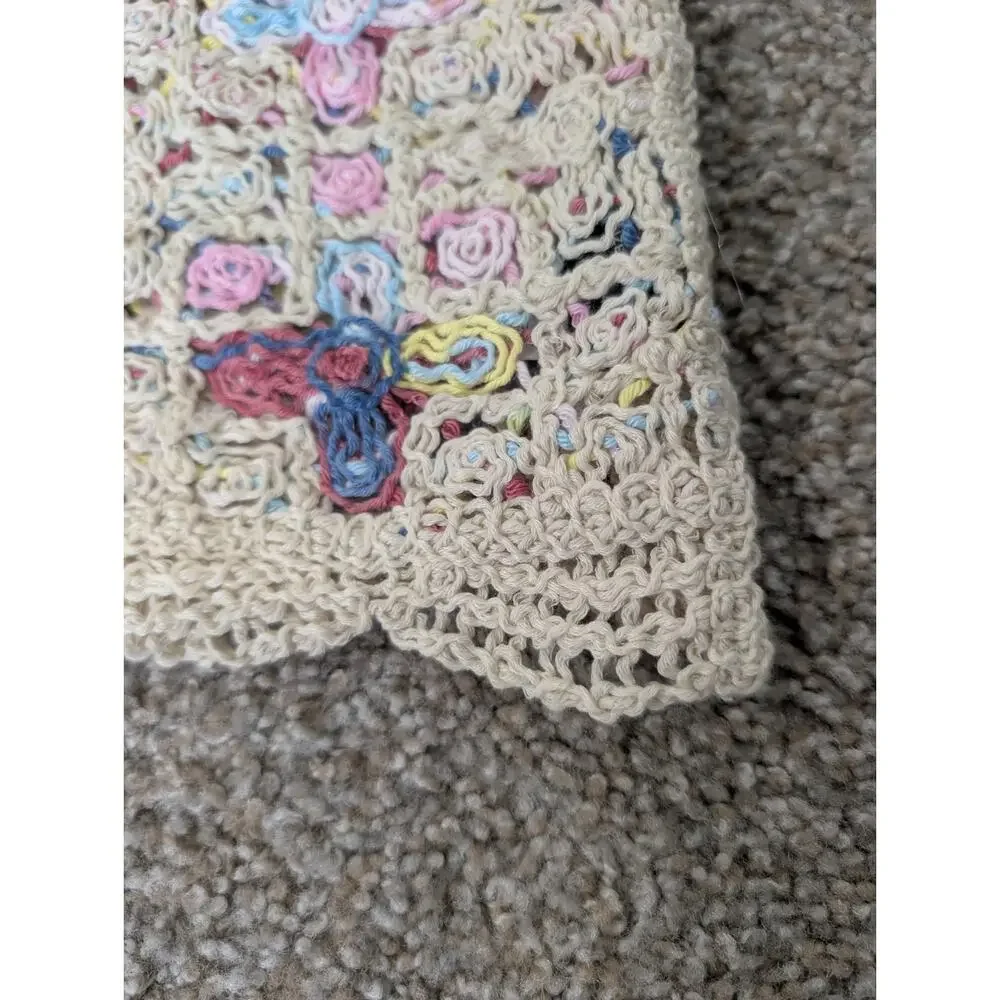 SHEIN Crochet Vest Small Boho Floral Cream Multi Color Button Up Crop Shrug Knit